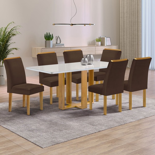 Mesa de Jantar 6 Lugares Isadora Luisa com Vidro Cinamomo/Off White/Veludo Marrom - Cel Móveis