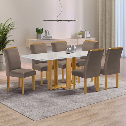 Mesa de Jantar 6 Lugares Isadora Luisa com Vidro Cinamomo/Off White/Veludo Bege Escuro - Cel Móveis