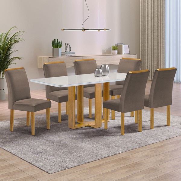 Mesa de Jantar 6 Lugares Isadora Luisa com Vidro Cinamomo/Off White/Veludo Bege Escuro - Cel Móveis