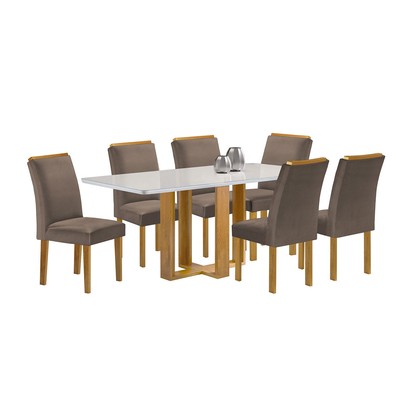 Mesa de Jantar 6 Lugares Isadora Luisa com Vidro Cinamomo/Off White/Veludo Bege Escuro - Cel Móveis