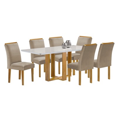 Mesa de Jantar 6 Lugares Isadora Luisa com Vidro Cinamomo/Off White/Veludo Bege Claro - Cel Móveis