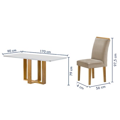 Mesa de Jantar 6 Lugares Isadora Luisa com Vidro Cinamomo/Off White/Veludo Bege Claro - Cel Móveis