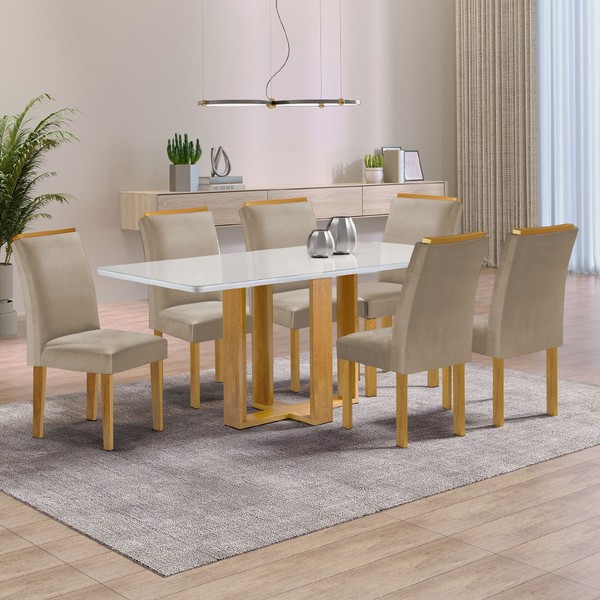 Mesa de Jantar 6 Lugares Isadora Luisa com Vidro Cinamomo/Off White/Veludo Bege Claro - Cel Móveis