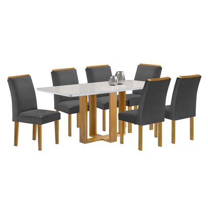 Mesa de Jantar 6 Lugares Isadora Luisa com Vidro Cinamomo/Off White/Veludo Cinza - Cel Móveis