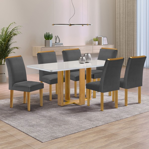 Mesa de Jantar 6 Lugares Isadora Luisa com Vidro Cinamomo/Off White/Veludo Cinza - Cel Móveis