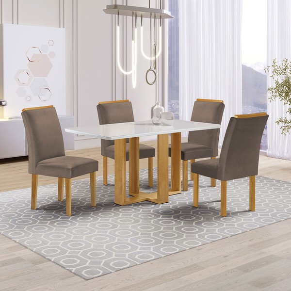 Mesa de Jantar 4 Lugares Isadora Luisa com Vidro Cinamomo/Off White/Bege Escuro - Cel Móveis