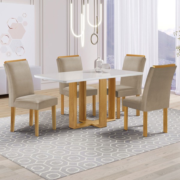 Mesa de Jantar 4 Lugares Isadora Luisa com Vidro Cinamomo/Off White/Bege Claro - Cel Móveis
