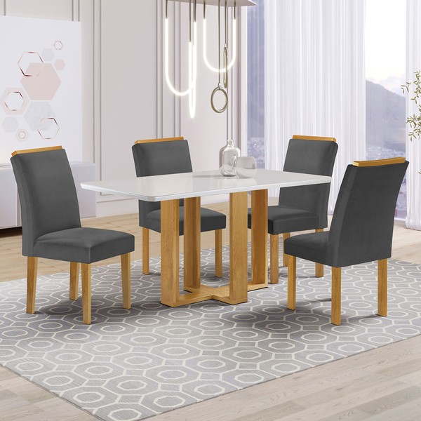 Mesa de Jantar 4 Lugares Isadora Luisa com Vidro Cinamomo/Off White/Cinza - Cel Móveis