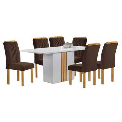 Mesa de Jantar 6 Lugares Celeste com Vidro Off White/Cinamomo/Marrom - Cel Móveis