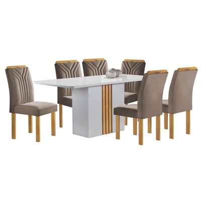 Mesa de Jantar 6 Lugares Celeste com Vidro Off White/Cinamomobege Escuro - Cel Móveis