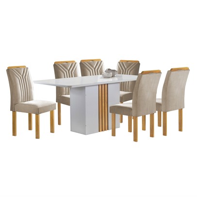 Mesa de Jantar 6 Lugares Celeste com Vidro Off White/Cinamomo/Bege Claro - Cel Móveis
