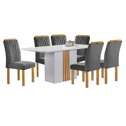 Mesa de Jantar 6 Lugares Celeste com Vidro Off White/Cinamomo/Cinza - Cel Móveis