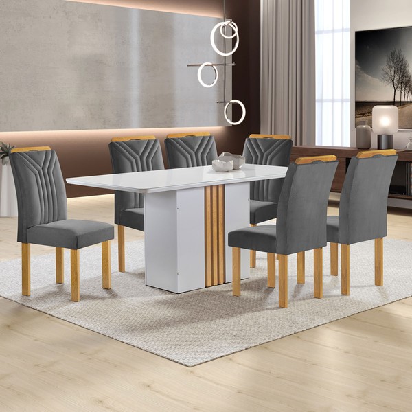 Mesa de Jantar 6 Lugares Celeste com Vidro Off White/Cinamomo/Cinza - Cel Móveis