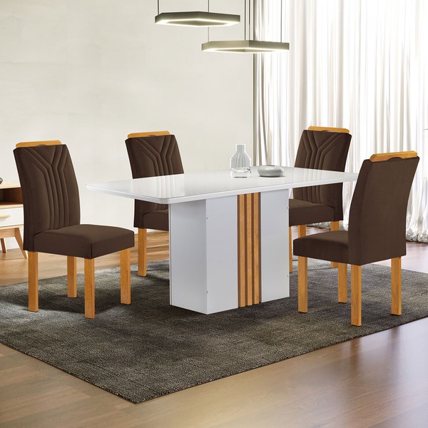 Mesa de Jantar 4 Lugares Celeste com Vidro Off White/Cinamomo/Marrom - Cel Móveis