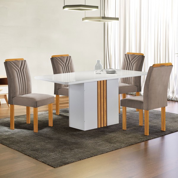 Mesa de Jantar 4 Lugares Celeste com Vidro Off White/Cinamomo/Bege Escuro - Cel Móveis