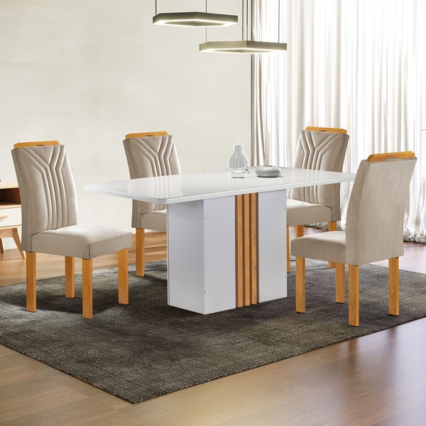 Mesa de Jantar 4 Lugares Celeste com Vidro Off White/Cinamomobege Claro - Cel Móveis