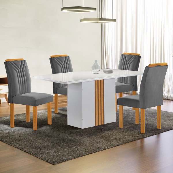 Mesa de Jantar 4 Lugares Celeste com Vidro Off White/Cinamomo/Cinza - Cel Móveis