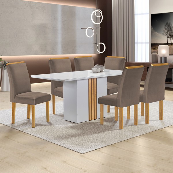Mesa de Jantar 6 Lugares Celeste Luisa com Vidro Off White/Cinamomo/Bege Escuro - Cel Móveis