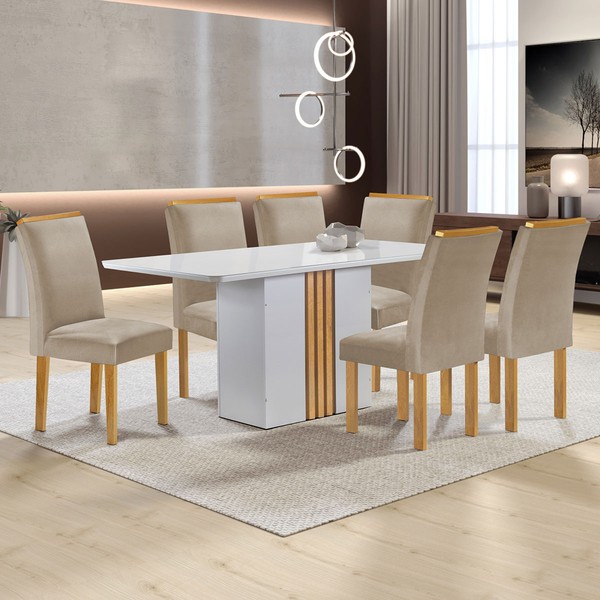 Mesa de Jantar 6 Lugares Celeste Luisa com Vidro Off White/Cinamomo/Bege Claro - Cel Móveis