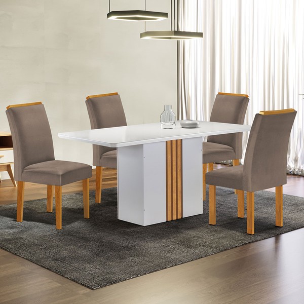 Mesa de Jantar 4 Lugares Celeste Luisa com Vidro Off White/Cinamomo/Bege Escuro - Cel Móveis