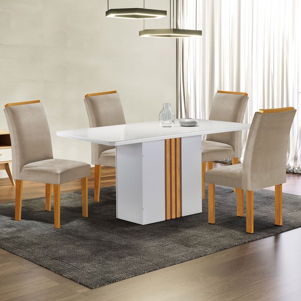 Mesa de Jantar 4 Lugares Celeste Luisa com Vidro Off White/Cinamomo/Bege Claro - Cel Móveis