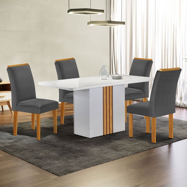 Mesa de Jantar 4 Lugares Celeste Luisa com Vidro Off White/Cinamomo/Cinza - Cel Móveis