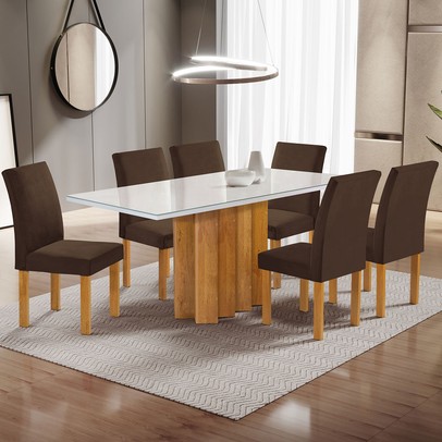 Mesa de Jantar 6 Lugares Lorena Espanha com Vidro Cinamomo/Off White/Marrom - Cel Móveis