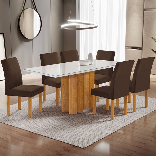 Mesa de Jantar 6 Lugares Lorena Espanha com Vidro Cinamomo/Off White/Marrom - Cel Móveis