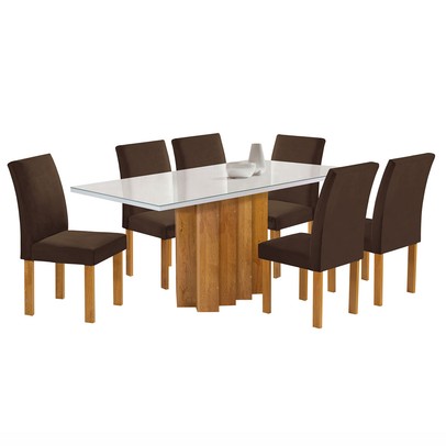 Mesa de Jantar 6 Lugares Lorena Espanha com Vidro Cinamomo/Off White/Marrom - Cel Móveis
