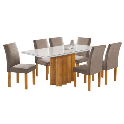 Mesa de Jantar 6 Lugares Lorena Espanha com Vidro Cinamomo/Off White/Bege Escuro - Cel Móveis
