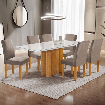 Mesa de Jantar 6 Lugares Lorena Espanha com Vidro Cinamomo/Off White/Bege Escuro - Cel Móveis