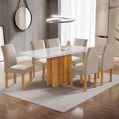 Mesa de Jantar 6 Lugares Lorena Espanha com Vidro Cinamomo/Off White/Bege Claro - Cel Móveis
