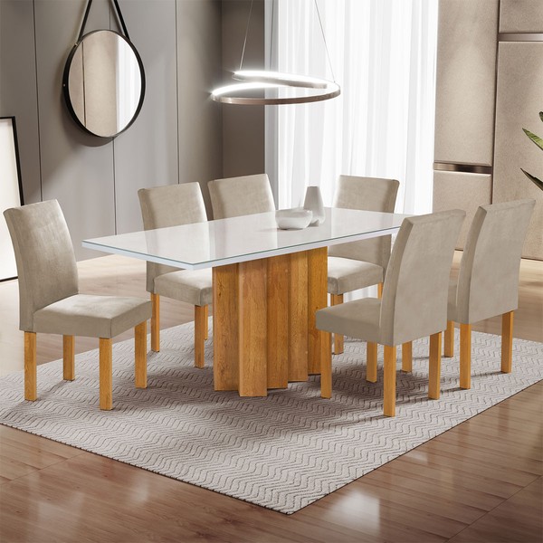 Mesa de Jantar 6 Lugares Lorena Espanha com Vidro Cinamomo/Off White/Bege Claro - Cel Móveis