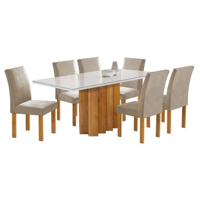 Mesa de Jantar 6 Lugares Lorena Espanha com Vidro Cinamomo/Off White/Bege Claro - Cel Móveis