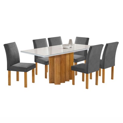 Mesa de Jantar 6 Lugares Lorena Espanha com Vidro Cinamomo/Off White/Cinza - Cel Móveis