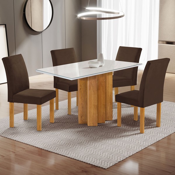 Mesa de Jantar 4 Lugares Lorena Espanha com Vidro Cinamomo/Off White/Marrom - Cel Móveis