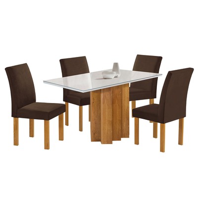 Mesa de Jantar 4 Lugares Lorena Espanha com Vidro Cinamomo/Off White/Marrom - Cel Móveis