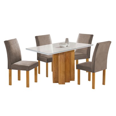 Mesa de Jantar 4 Lugares Lorena Espanha com Vidro Cinamomo/Off White/Bege Escuro - Cel Móveis