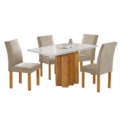 Mesa de Jantar 4 Lugares Lorena Espanha com Vidro Cinamomo/Off White/Bege Claro - Cel Móveis