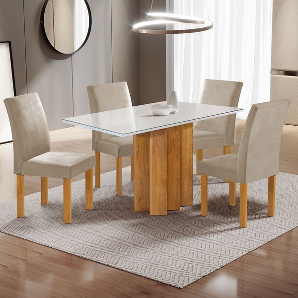 Mesa de Jantar 4 Lugares Lorena Espanha com Vidro Cinamomo/Off White/Bege Claro - Cel Móveis