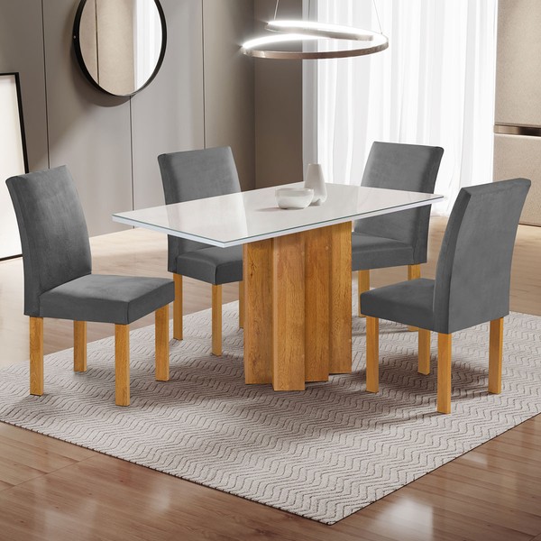 Mesa de Jantar 4 Lugares Lorena Espanha com Vidro Cinamomo/Off White/Cinza - Cel Móveis