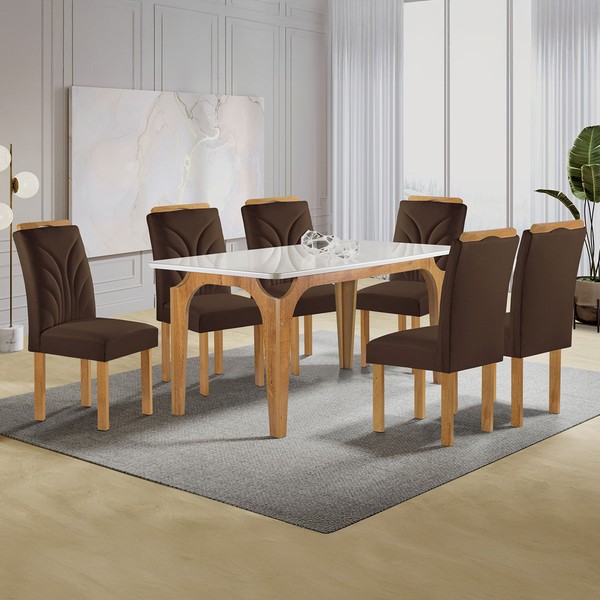 Mesa de Jantar 6 Lugares Melina Carolina com Vidro Cinamomo/Off White/Veludo Marrom - Cel Móveis