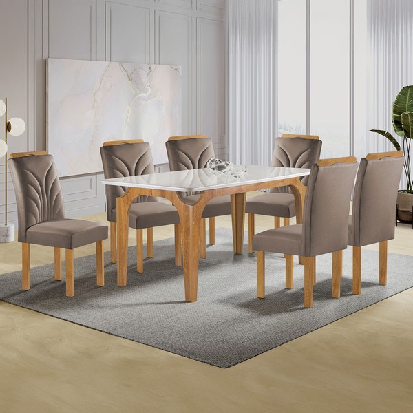 Mesa de Jantar 6 Lugares Melina Carolina com Vidro Cinamomo/Off White/Veludo Bege Escuro - Cel Móveis