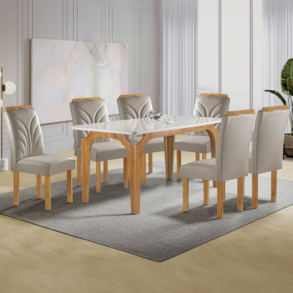Mesa de Jantar 6 Lugares Melina Carolina com Vidro Cinamomo/Off White/Veludo Bege Claro - Cel Móveis