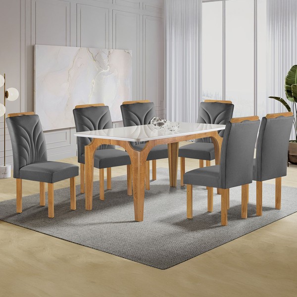 Mesa de Jantar 6 Lugares Melina Carolina com Vidro Cinamomo/Off White/Veludo Cinza - Cel Móveis