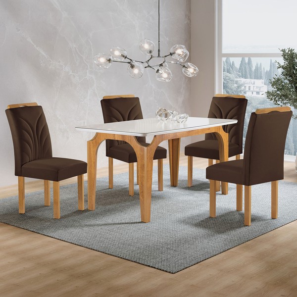 Mesa de Jantar 4 Lugares Melina Carolina com Vidro Cinamomo/Off White/Marrom - Cel Móveis