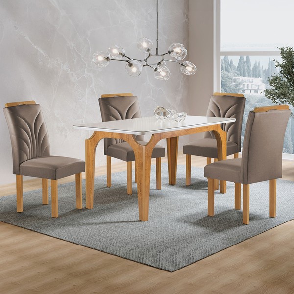 Mesa de Jantar 4 Lugares Melina Carolina com Vidro Cinamomo/Off White/Bege Escuro - Cel Móveis
