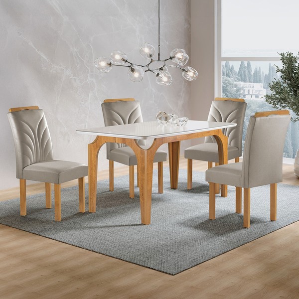 Mesa de Jantar 4 Lugares Melina Carolina com Vidro Cinamomo/Off White/Bege Claro - Cel Móveis