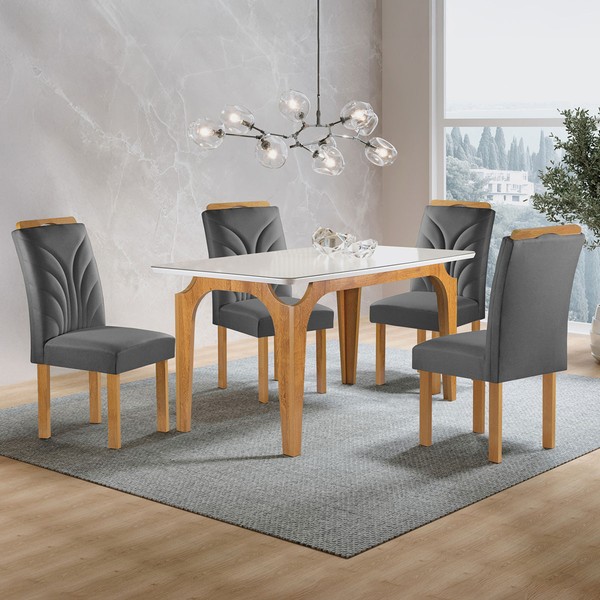 Mesa de Jantar 4 Lugares Melina Carolina com Vidro Cinamomo/Off White/Cinza - Cel Móveis