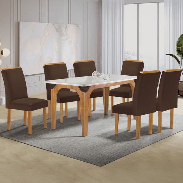 Mesa de Jantar 6 Lugares Melina Luisa com Vidro Cinamomo/Off White/Marrom - Cel Móveis